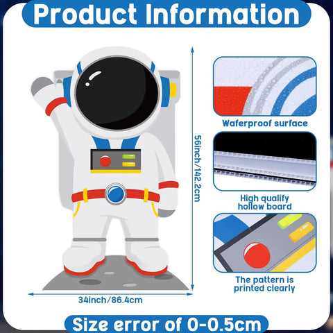 4.67 Ft Astronaut Cardboard Cutout For Space Party Stand Up Backdrop And Photo Prop Perfect For Classroom Decor Vacation Bible School Space Theme Parties Science Fairs And Event Highlights, showing size and material details