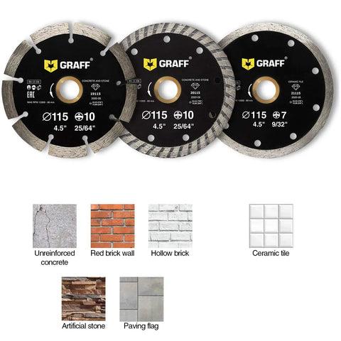 Three Pack 4.5 Inch Diamond Blade Set For Angle Grinder Turbo Continuous Rim For Cutting Stone Marble Granite Brick Concrete Ceramic Tile Masonry Paving Flag Smooth Fast Clean Cuts Pro Grade with material examples below.