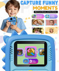 Kids Camera With Dinosaur Silicone Case 1080P Toddler Digital Camera For Boys And Girls Ages 3 To 8 With Instant Photo Printing And 3 Roll Print Paper Blue Fun Toy, front view