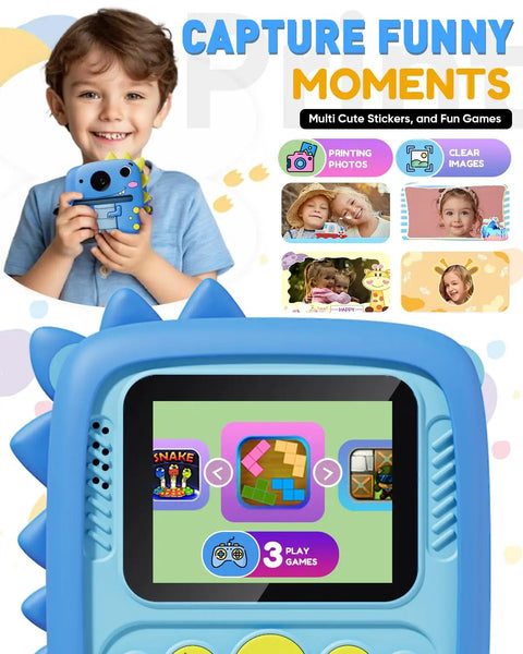 Kids Camera With Dinosaur Silicone Case 1080P Toddler Digital Camera For Boys And Girls Ages 3 To 8 With Instant Photo Printing And 3 Roll Print Paper Blue Fun Toy, front view