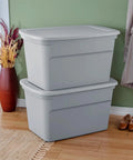 Six Pack Heavy Duty 30 Gallon Plastic Storage Containers With Secure Lids Hella Roomy Gray Bins stacked in home setting.