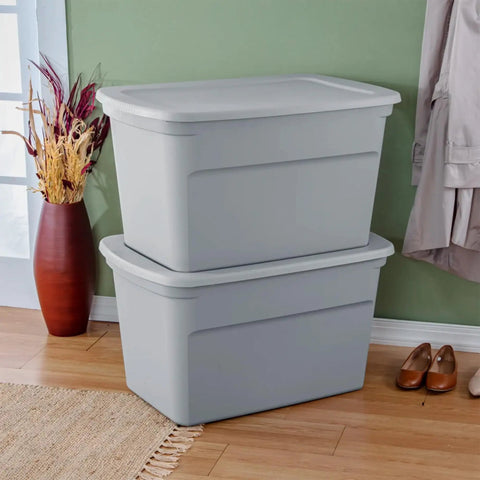 Six Pack Heavy Duty 30 Gallon Plastic Storage Containers With Secure Lids Hella Roomy Gray Bins stacked in home setting.
