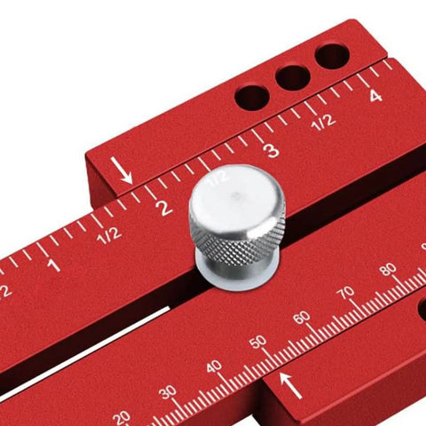 Close-up of Extended Thin Ripping Jig For Woodworking With Dual Bearings, Aluminum Alloy, red with precision markings.