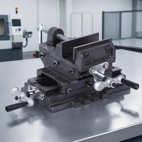5 Inch Cross Slide Bench Vise With Smooth Moving Handles Cast Iron Construction on a workbench, showcasing serrated jaws and dual handles.
