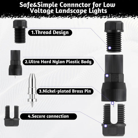 60 Pack Low Voltage Waterproof Landscape Light Cable Connectors 12 20 Gauge Wire Connectors with thread design and brass pin