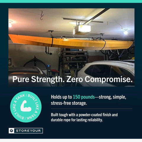 Kayak And Canoe Ceiling Hoist For Garage Storage, Heavy Duty Pulley System With Adjustable Straps, Supports Up To 150 Lbs