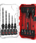 EZARC countersink drill bit set, 15 pcs with 2 wood plug cutters, 1/4 in. hex shank, stored in clear and red cases