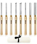 Eight Piece Wood Lathe Chisel Set With M2 HSS Blades And Ten Inch Solid Hardwood Handles, Includes Bowl Gouge, Roughing Gouge