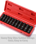 Eleven Piece Deep Impact Socket Set With One Half Inch Drive SAE Three Eighths To One Inch Six Point Flank Drive Drop Forged set in red case