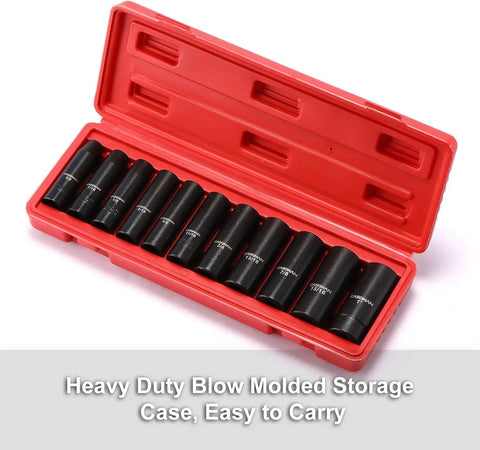 Eleven Piece Deep Impact Socket Set With One Half Inch Drive SAE Three Eighths To One Inch Six Point Flank Drive Drop Forged set in red case