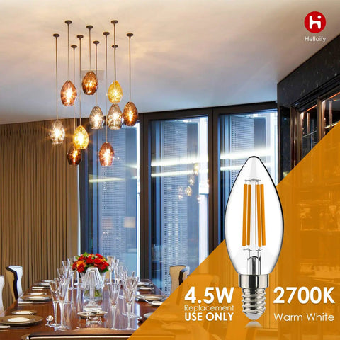 Dimmable Vintage LED Edison Candelabra Bulb 4 5W 60W Equivalent Warm White 2700K Clear Glass For Chandeliers And Sconces Filament Style Energy Efficient Cozy Vibe Pack Of 3 displayed over a dining table scene with hanging lights