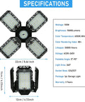 High Output 150W LED Garage Light With Four Adjustable Panels 15000 Lumens 6500K Daylight E26 E27 specifications shown