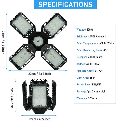 High Output 150W LED Garage Light With Four Adjustable Panels 15000 Lumens 6500K Daylight E26 E27 specifications shown