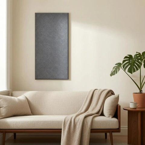 Set Of Six Pro Level Sound Blocking Wall Panels For Home Theater And Rec Room Space Textured Felt Finish Acoustic Tiles In Rich Light Camel on wall above sofa.