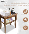 Teak Shower Bench With Storage Shelf And Non Slip Feet For A Spa Like Bathroom Upgrade Water Resistant Solid Teak Stool Easy To Use Bath Bench Assembly Required Small Size with toiletries on top