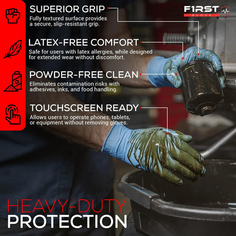 No Bull 8 Mil Nitrile Work Gloves In Blue Featuring Fully Textured Diamond Grip Surface Powder Free Design Engineered For Heavy Duty Industrial Auto And Shop Jobs Hella Durable Tight Grip Control 500 Count Large being used for automotive work.