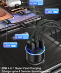 Get Savage Speed With Dope 90W USB C Car Charger 3 Pack showing dual port charger with four cables charging devices simultaneously.