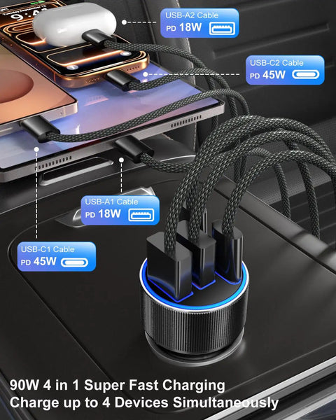 Get Savage Speed With Dope 90W USB C Car Charger 3 Pack showing dual port charger with four cables charging devices simultaneously.