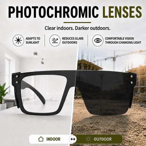 Kickass Ansi Z87 Safety Glasses Featuring Hella Smooth Photochromic Anti Blue Light Lenses With Solid UV400 Protection Lightweight Polycarbonate Frame In Matte Black showing indoor and outdoor lens transitions.
