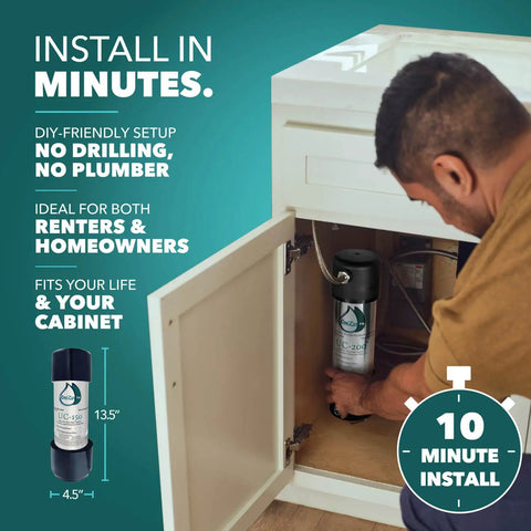 Person installing Under Sink Water Filter For Faucet With 20,000 Gallons Or 2 Year Filtration Life Reduces PFAs PFOS Lead And Chlorine Improves Tap Water Taste High Performance NSF 42 And 372 Certified Great Value For Your Kitchen under kitchen sink cabinet.