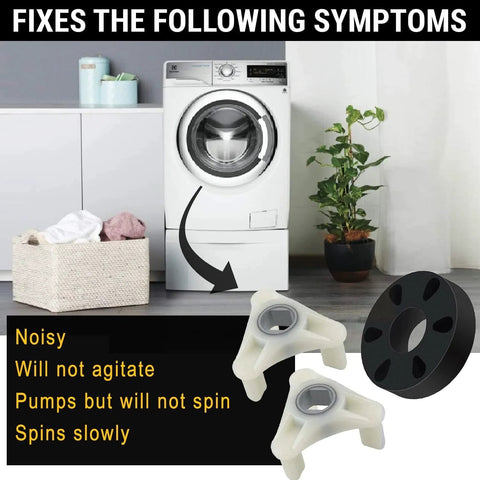 Front: Seentech metal-core motor coupling kit; white plastic couplers and black pulley for Whirlpool/Kenmore washers