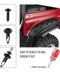 100 PC ATV Fastener Kit For Yamaha Grizzly And Rhino, push retainer clips detail, installed on red fender, Phillips screw