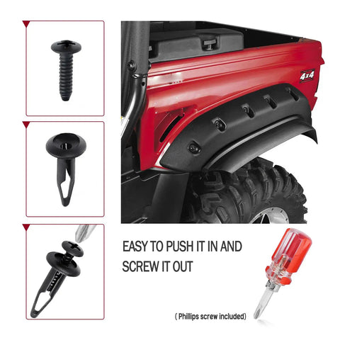 100 PC ATV Fastener Kit For Yamaha Grizzly And Rhino, push retainer clips detail, installed on red fender, Phillips screw