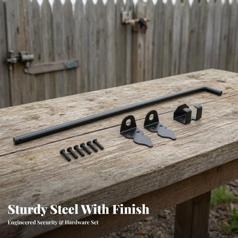 Heavy Duty Drop Rod Bolt Gate Latch With Beefy Guide Brackets And Bent Control Handle, sturdy black steel hardware set on wooden table.