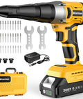 Cordless Electric Rivet Gun Kit With 20V Max Battery, Brushless High Torque Riveting Tool for various rivet sizes, includes accessories.
