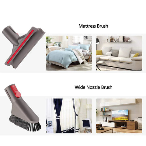 Must Have Attachment Kit For Cordless Vacuum Cleaners Compatible With Gen5 Detect V15 V12 V8 V11 V10 V7 Absolute Outsize Cyclones Plus Animal Tool Bundle With Replacement Brushes And Crevice And Dusting Tools showing mattress and wide nozzle brushes on furniture.