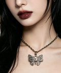Chic Vintage Punk Butterfly Necklace With Mechanical Gears Alloy Jewelry For Daily Streetwear And Rock Concert Cosplay Look Adjustable Chain Lightweight Design, worn on neck.