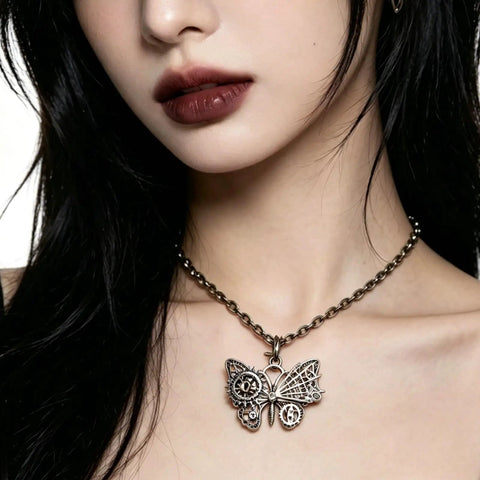 Chic Vintage Punk Butterfly Necklace With Mechanical Gears Alloy Jewelry For Daily Streetwear And Rock Concert Cosplay Look Adjustable Chain Lightweight Design, worn on neck.