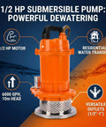 1 2HP Submersible Sump Pump 6000GPH Portable Utility Water Pump With 32 Ft High Head for residential water transfer.
