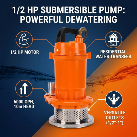 1 2HP Submersible Sump Pump 6000GPH Portable Utility Water Pump With 32 Ft High Head for residential water transfer.