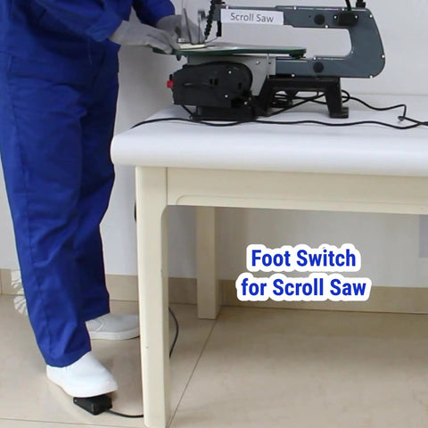 Person using Foot Switch Pedal Momentary Normally Off Press And Hold To On 10 Ft Cord UL Listed with scroll saw
