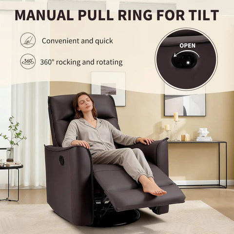 Woman relaxing on Soft Back Swivel Rocker Recliner Glider Chair For Living Room And Nursery, 360 Degree Spin With 30 Degree Glide.