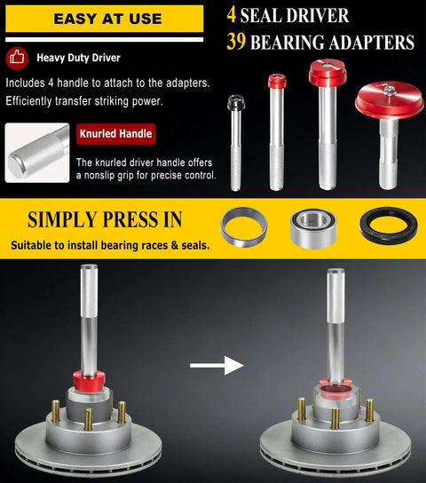 Heavy Duty Bearing Race And Seal Driver Kit 43 Piece Set With 39 Adapters And 4 Seal Drivers Beast Pro Grade Wheel Bearing Press Tool for Installing Races And Seals, showcasing knurled handle and pressing process.