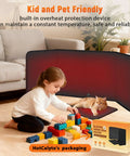 Child and cat near foot warmer with heated floor mat for home office, portable space heater, cozy under desk design