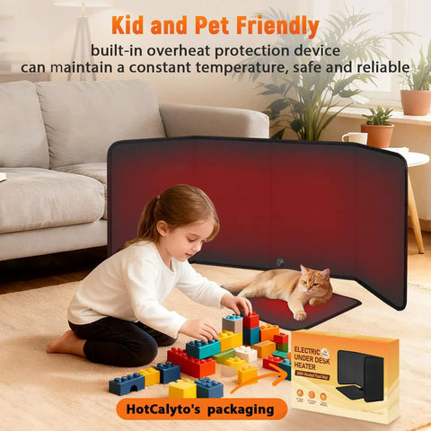 Child and cat near foot warmer with heated floor mat for home office, portable space heater, cozy under desk design