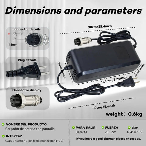 58.8V 4A Super Fast Charger For Electric Bikes And Scooters 48V To 52V Li-ion Battery Charger 14s Compatibility GX16-3
