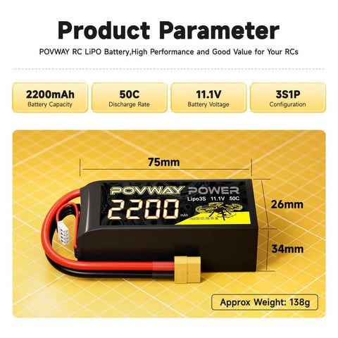 3S 2200mAh 11.1V Lipo Battery Pack With 50C Discharge And XT60 Plug, Shorty Form Factor, Soft Case For RC Cars, Trucks, Planes, Drones And FPV Quadcopters - Dual Pack, showing dimensions and parameters.