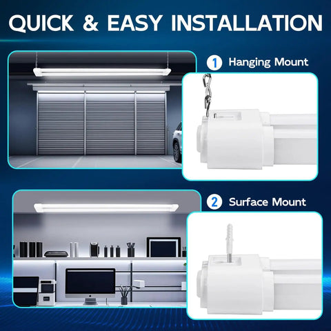 Linkable 4 Ft LED Shop Light 44W Replacing 300W Fluorescent, 4600 Lumens 5000K Daylight White Hella Bright, installed in garage