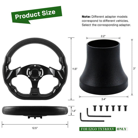 D-Shape Steering Wheel With Adapter For Club Car EZGO TXT And RXV Golf Carts, Easy Install Upgrade Kit, Black Skid Adapter dimensions