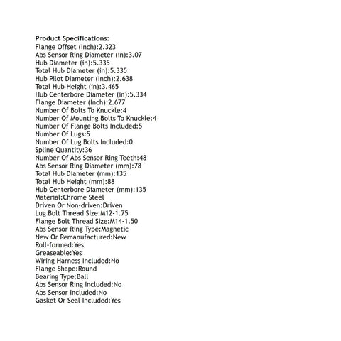 Specifications list for Front Hub Bearing Assembly for 2003-2014 Volvo XC90, detailing dimensions and features, without ABS.