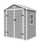 Lockable Plastic Garden Shed With Floor For Backyard Storage No Fuss Weatherproof Resin Tool Shed For Lawn Patio And Bike Ventilated To Stay Fresh Outdoor Storage Cabinet 6x4.5 Ft Gray, showing double doors and window