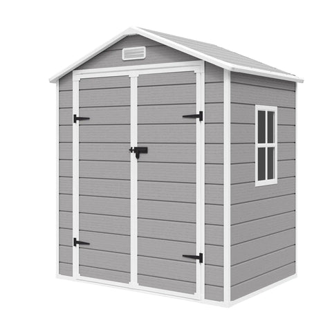 Lockable Plastic Garden Shed With Floor For Backyard Storage No Fuss Weatherproof Resin Tool Shed For Lawn Patio And Bike Ventilated To Stay Fresh Outdoor Storage Cabinet 6x4.5 Ft Gray, showing double doors and window