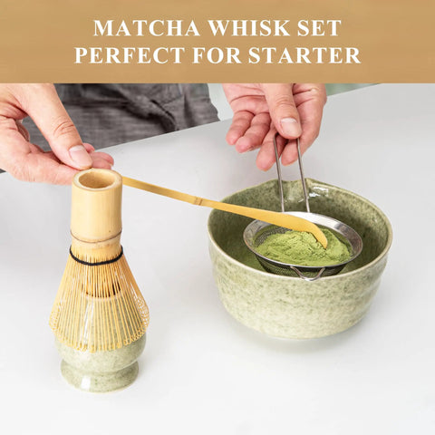 Pro Grade Matcha Whisk Set With 76 Prong Chasen For Smooth Froth And Creamy Flavor Includes Whisk Holder Ceramic Mottled Green Stand Bamboo Scoop Powder Starter Sifter And Comprehensive Japanese Tea Tools Gift Kit