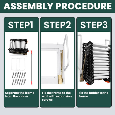 12 Step Retractable Attic Stairs With Armrests, Wall Mounted Loft Ladder, Aluminum Attic Ladder, Pull Down Design With Pull Rod, Built Tough But Lightweight, 900 Lb Capacity, Easy Access For Handy Home Upgrades. assembly steps diagram