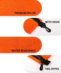 Three Pack Travel Toiletry Bags for Men Carry-On Organizer Pouch Set in orange showing nylon material, hook, and YKK zipper details.