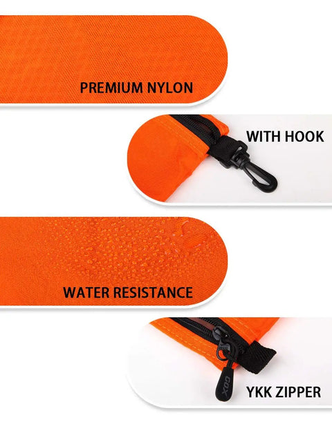Three Pack Travel Toiletry Bags for Men Carry-On Organizer Pouch Set in orange showing nylon material, hook, and YKK zipper details.